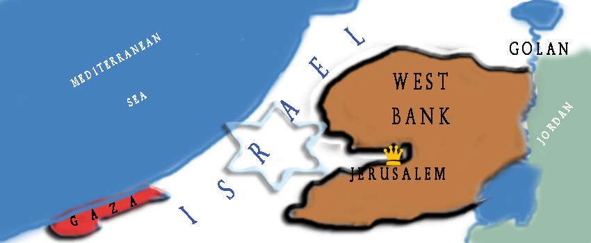 A map of the division of land between Israel, Gaza and the West Bank