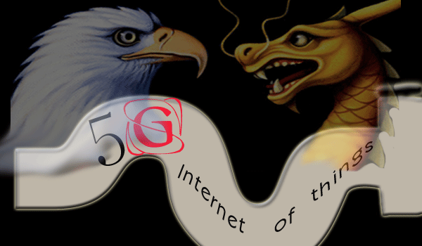 A picture of an eagle (representing the U.S.) and a dragon (representing China) with an internet cord running through them with the text, 5g Internet of things, written on it.