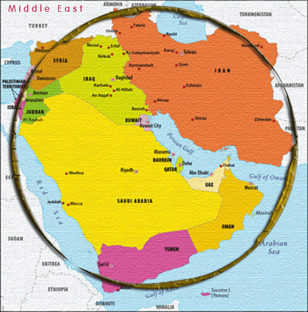 Map of the Middle East surrounded by a looking glass