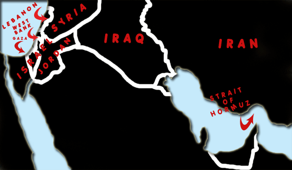 Map of the Middle East with countries Lebanon, Syria, Israel, Iraq and Iran outlined.  Also, the Strait of Hormuz.