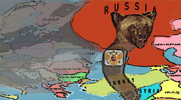 Image of a Russian bear reaching out over Ukraine down into the Midddle East.