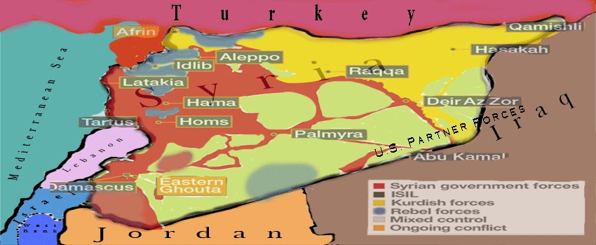 Map of Syrian colored with surrounding countries and fighting fractions within Syria.